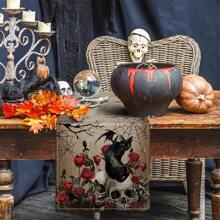 Camino de mesa de Halloween, cráneo retro, gato negro, telaraña, esqueleto de rosa, decoración de mesa de cocina y comedor, mantel de mesa de fantasma de Halloween adecuado para suministros de fiesta en interiores y exteriores, mejores regalos
