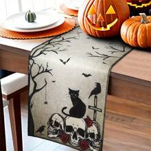Camino de mesa de Halloween, cráneo retro, gato negro, telaraña, esqueleto de rosa, decoración de mesa de cocina y comedor, mantel de mesa de fantasma de Halloween adecuado para suministros de fiesta en interiores y exteriores, mejores regalos