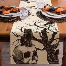 Camino de mesa de Halloween, cráneo retro, gato negro, telaraña, esqueleto de rosa, decoración de mesa de cocina y comedor, mantel de mesa de fantasma de Halloween adecuado para suministros de fiesta en interiores y exteriores, mejores regalos