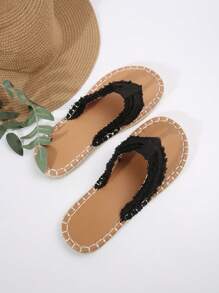 Women's Flat Linen Rope Thong Sandals, Strap Open Toe Slippers, Comfortable Beach Shoes For Vacation - Black - View 7