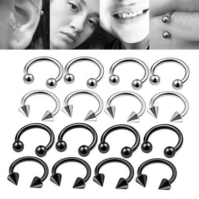 8 piezas Anillo de nariz de piercing de septum de acero inoxidable y pendientes de cartílago para mujeres, hombres y joyas corporales de 16G estilo punk