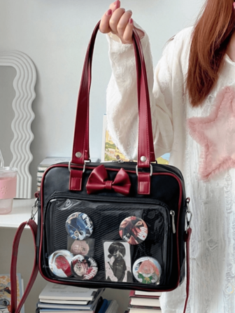 Japansk stil Kawaii PU Läder Itabag Dam Transparent Pocket Bowknot Lolita Axelväska Tote Handväskor Dam Ita Bag JK Girl, Street & Japanese Style Damväska