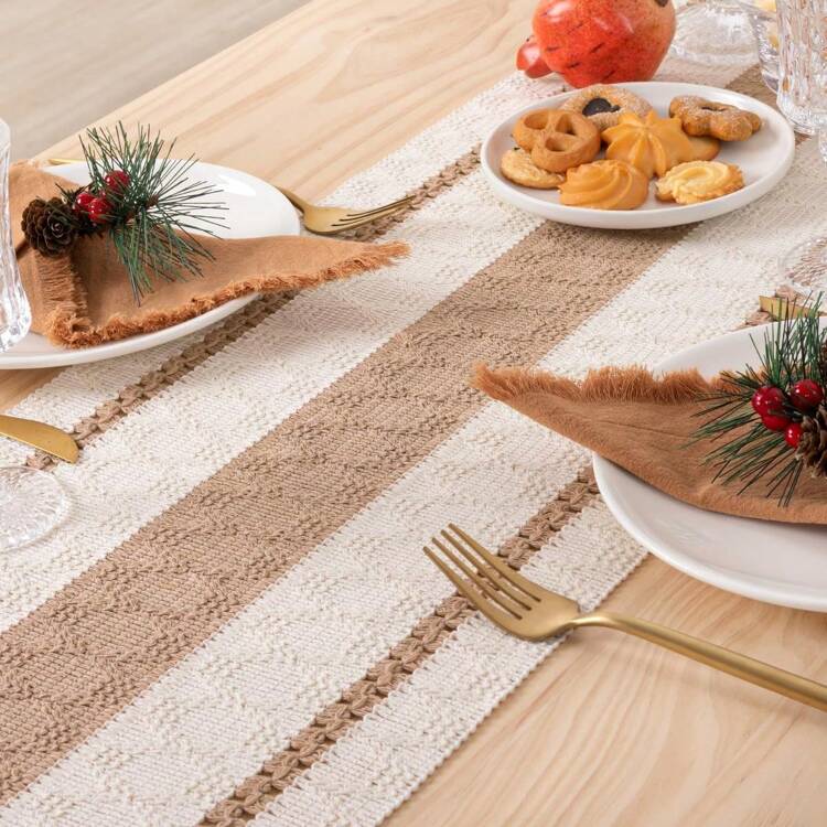 1 件波西米亚风格桌旗花边桌旗适用于家居装饰，奶油色和棕色花边桌旗带流苏适用于波西米亚风格餐厅卧室装饰乡村新娘送礼会、农舍乡村桌旗、餐垫、感恩节圣诞节家居装饰（多种尺寸可供选择） - 米色 - 查看 5