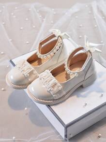 Mädchen Prinzessinnen Schuhe, 4 Jahreszeiten Britischer Stil Lederschuhe, Weiche Sohle Rutschfeste Mary Jane Schuhe mit Schleife & Perlen Dekor, Mädchen Riemen Design PU Ballerinas