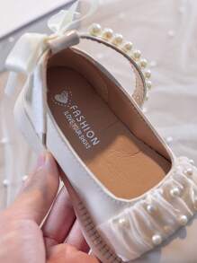 Mädchen Prinzessinnen Schuhe, 4 Jahreszeiten Britischer Stil Lederschuhe, Weiche Sohle Rutschfeste Mary Jane Schuhe mit Schleife & Perlen Dekor, Mädchen Riemen Design PU Ballerinas