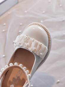 Mädchen Prinzessinnen Schuhe, 4 Jahreszeiten Britischer Stil Lederschuhe, Weiche Sohle Rutschfeste Mary Jane Schuhe mit Schleife & Perlen Dekor, Mädchen Riemen Design PU Ballerinas