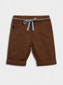 Young Boys Elastic Waist Embroidery Design Casual Woven Shorts - Coffee Brown - View 2