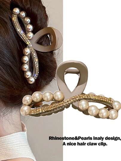 1pc Rhinestone & Faux Pearl Infinitive Bow Shape Hair Claw Clip, Chinese-Style Hair Clip, Office Lady Hairpin, A Nice Gift For Her Hair Clips Hair Jaw Clip Hair Clamps Hair Clutch Hair Catcher Clip, Casual Fall Winter Hair Accessories For Women For Vacation Outfits Woman