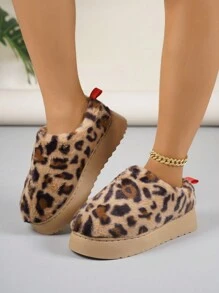 Women's Leopard Fluffy Bag Head Thick-Soled Thermal Lined Soft, Stylish, Comfortable And Warm Casual Shoes, Can Be Worn Outdoors, Loafers For Home