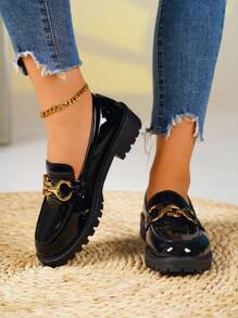 Spring New British Style Slip-On Loafers, Fashion Patent Leather Chunky Heel Soft Sole Comfort Flat Shoes For Women