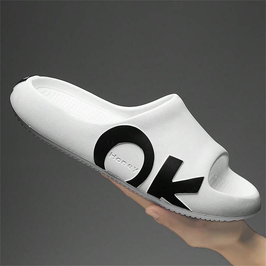 女式字母印花休閒拖鞋，夏季時尚輕便沙灘拖鞋，女式白色一體式室內拖鞋 - 白色 - 查看 1