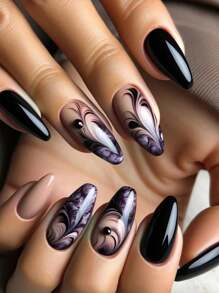 24 piezas de uñas postizas negras brillantes de longitud media con diseño geométrico fresco, uñas de almendra, suministros para uñas - Negro - Ver 1