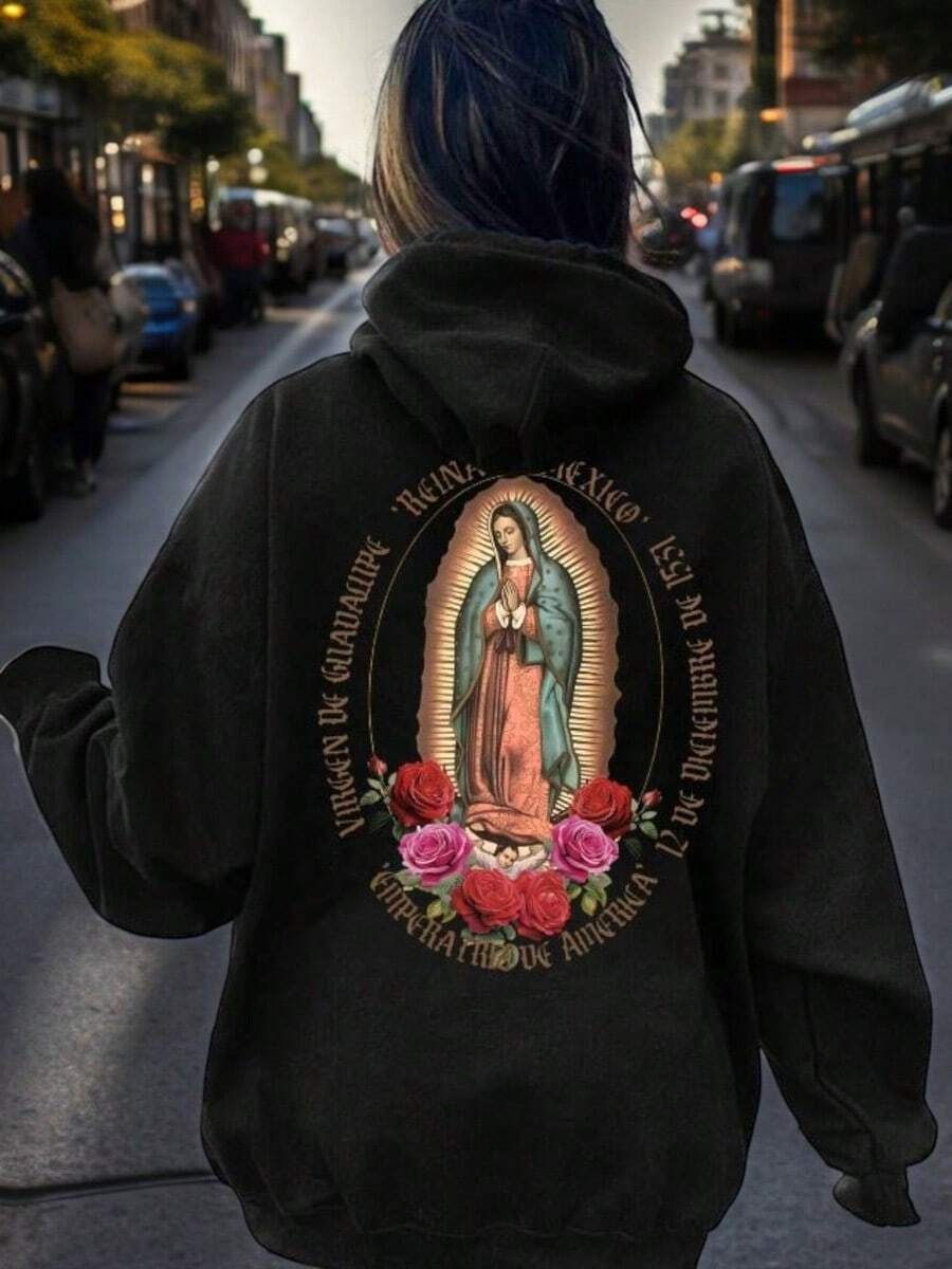 Hoodie Impresa Diseño virgen De Guadalupe Espalda Sudadera - Negro - Ver 1