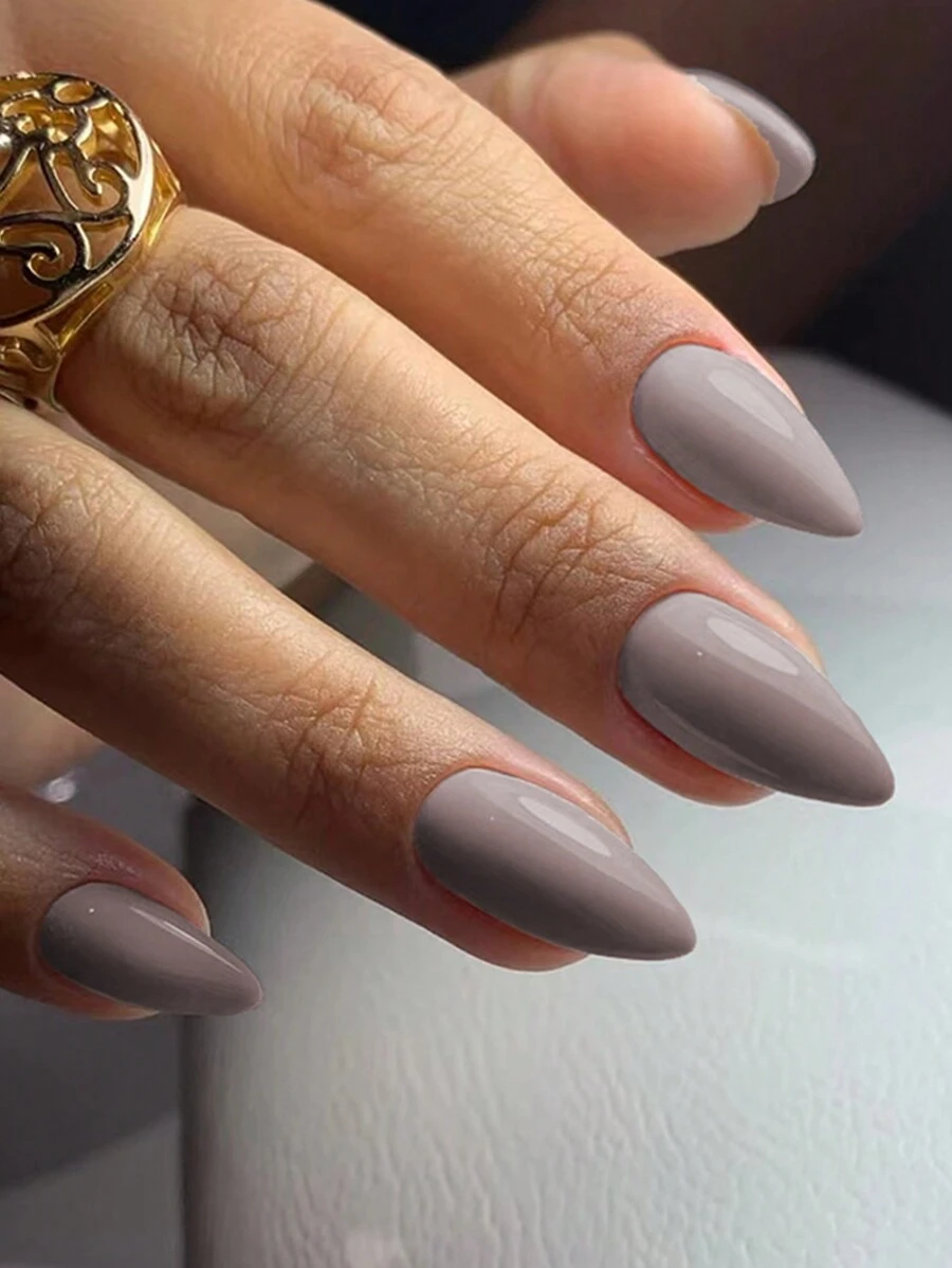 30Pcs Almond Shaped Retro Light Grey Color Fake Nail Tips Set, Suitable For Daily Wear, Enhancing Your Charisma Press On Nails Nail Supplies Nails - Light Grey - View 1