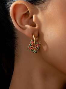 1对铜合金马卡龙系列彩色珐琅四叶草和几何图案耳环，时尚百搭，适合作为母亲节和圣诞节礼物，也可DIY耳环。 - 粉紅蓮蓬款 - 查看 2