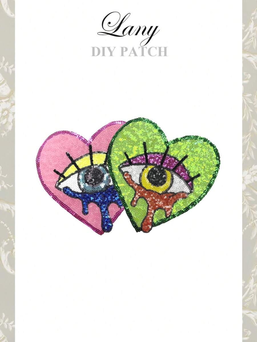 1入組大尺寸多彩愛心眼睛布標貼，熱轉印亮片貼片，適用於服裝裝飾刺繡，時尚條紋裝飾衣服 - SQ-048-GREEN - 查看 1