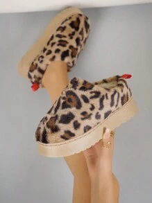 Women's Leopard Fluffy Bag Head Thick-Soled Thermal Lined Soft, Stylish, Comfortable And Warm Casual Shoes, Can Be Worn Outdoors, Loafers For Home
