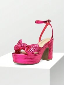 Women Chunky Platform Heeled Sandals, Pleated Bow Knot Ankle Buckle Strap Spring Summer Heeled Sandals, Open Toe Comfortable Y2K Dress Shoes For Prom, Wedding, Party - 亮粉紅色 - 查看 3