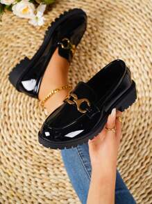 Spring New British Style Slip-On Loafers, Fashion Patent Leather Chunky Heel Soft Sole Comfort Flat Shoes For Women