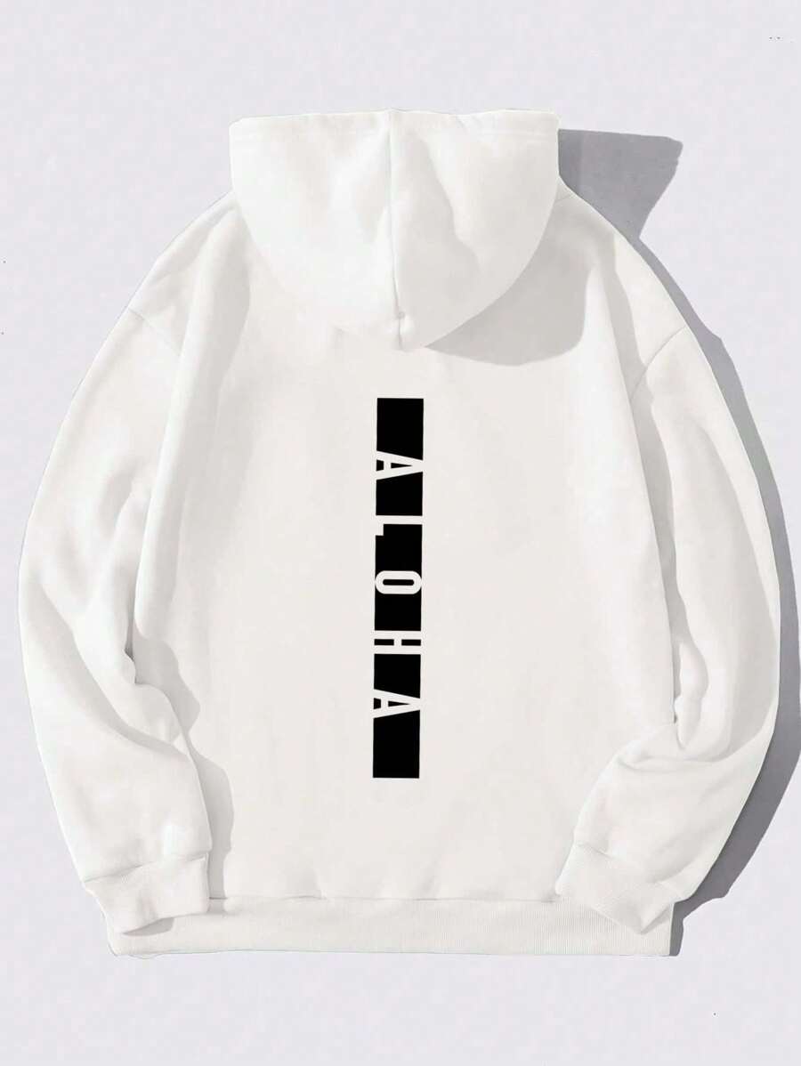 Hombres Capucha con estampado de letra con bolsillo de canguro con cordon - Blanco - Ver 1