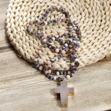 1pc Springtime Fashion Bohemia Style Natural Stone & Glass Beads Knotted Necklace With Cross Pendant, For Sweater Chain