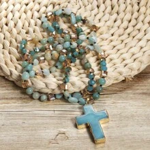 1pc Springtime Fashion Bohemia Style Natural Stone & Glass Beads Knotted Necklace With Cross Pendant, For Sweater Chain