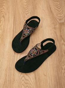 Women's Black Rhinestone Thong Sandals, Glamorous Style Elastic Ankle Strap Open Toe Flat Sandals For Casual Holiday