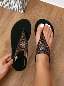Women's Black Rhinestone Thong Sandals, Glamorous Style Elastic Ankle Strap Open Toe Flat Sandals For Casual Holiday