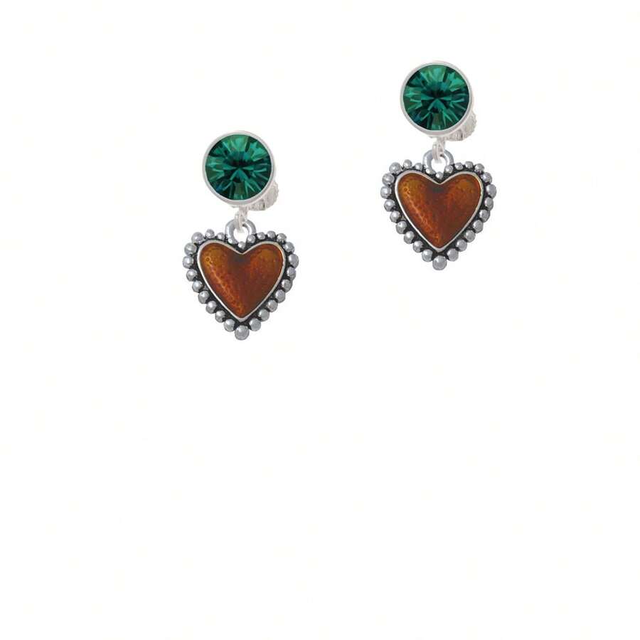 Delight Jewelry Translucent Brown Heart With Beaded Border Crystal Clip On Earrings - 綠水晶 - 查看 1