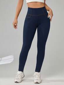 Leggings con diseño mezclilla  termico ideal de temporada invierno Comodo Azul Oscuro - Azul Marino - Ver 4