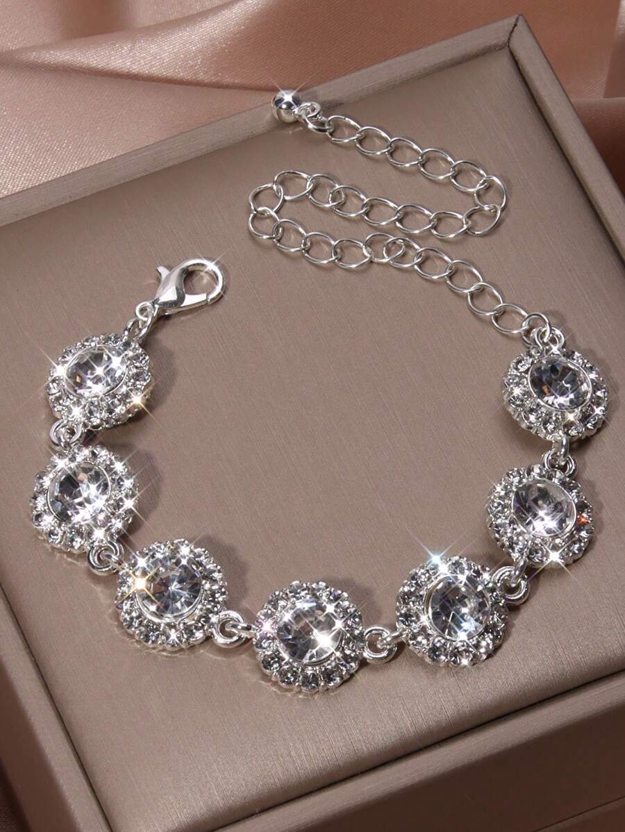 1 Pc Sparkling Round Rhinestones Inlaid Bracelet Zinc Alloy Jewelry Elegant Luxury Style For Women Wedding Hand Chain