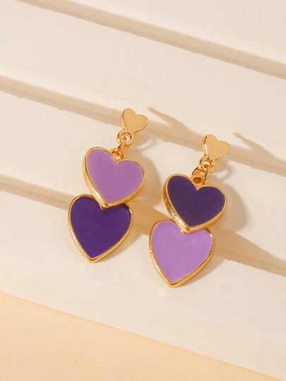 1 对欧美时尚合金心形双层油滴耳环，适合夏季、节日和日常佩戴情人节、妈妈、母亲、母亲节、礼物