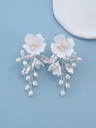 1 Pair Of Handmade Clay Flower Earrings With Faux Pearls, Beads, And Rhinestones - Stylish Bridal Earrings Halloween