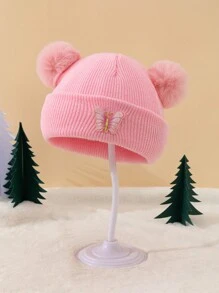1 pieza Gorro de punto con pompón para bebé niña, gorro de bebé cálido con decoración de mariposa, gorro térmico de invierno - 1PC - Ver 7
