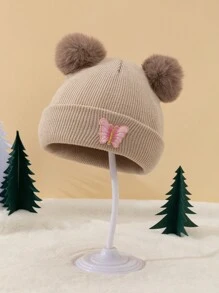 1 pieza Gorro de punto con pompón para bebé niña, gorro de bebé cálido con decoración de mariposa, gorro térmico de invierno - 1PC - Ver 5
