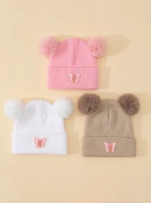 1 pieza Gorro de punto con pompón para bebé niña, gorro de bebé cálido con decoración de mariposa, gorro térmico de invierno - 1PC - Ver 4