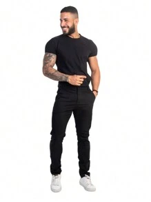 Calça Sarja Esporte Fino Masculina Social Com Elastano - Preto+ 3 Pares de Meia - Visão 3