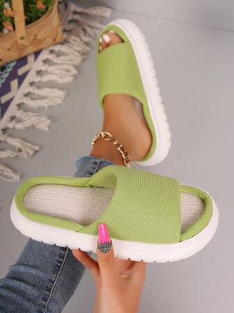 女士家居拖鞋，新款秋冬透气防滑亚麻一脚蹬拖鞋，情侣休闲简约露趾家居鞋