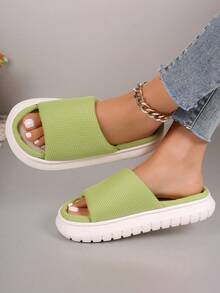 女士家居拖鞋，新款秋冬透气防滑亚麻一脚蹬拖鞋，情侣休闲简约露趾家居鞋 - 綠色 - 查看 4