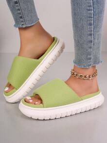 女士家居拖鞋，新款秋冬透气防滑亚麻一脚蹬拖鞋，情侣休闲简约露趾家居鞋 - 綠色 - 查看 5