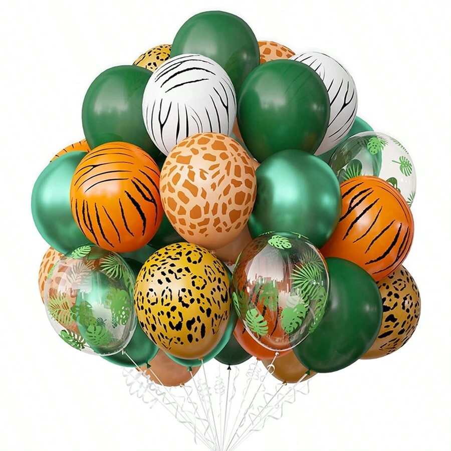 30Pcs/50Pcs 12Inch Jungle Animal Thickened Latex Balloons Set With Tropical Leaves Leopard Deer Zebra Printed For Babyshower Party Decor Wild One Birthday Party Supplies - As the Picture Shows - View 1