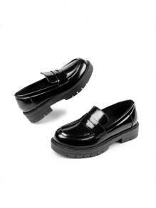 Girls Loafers Chunky Platform Penny Loafers School Uniform Slip On Dress Shoes Round Toe Comfortable - Black - View 6