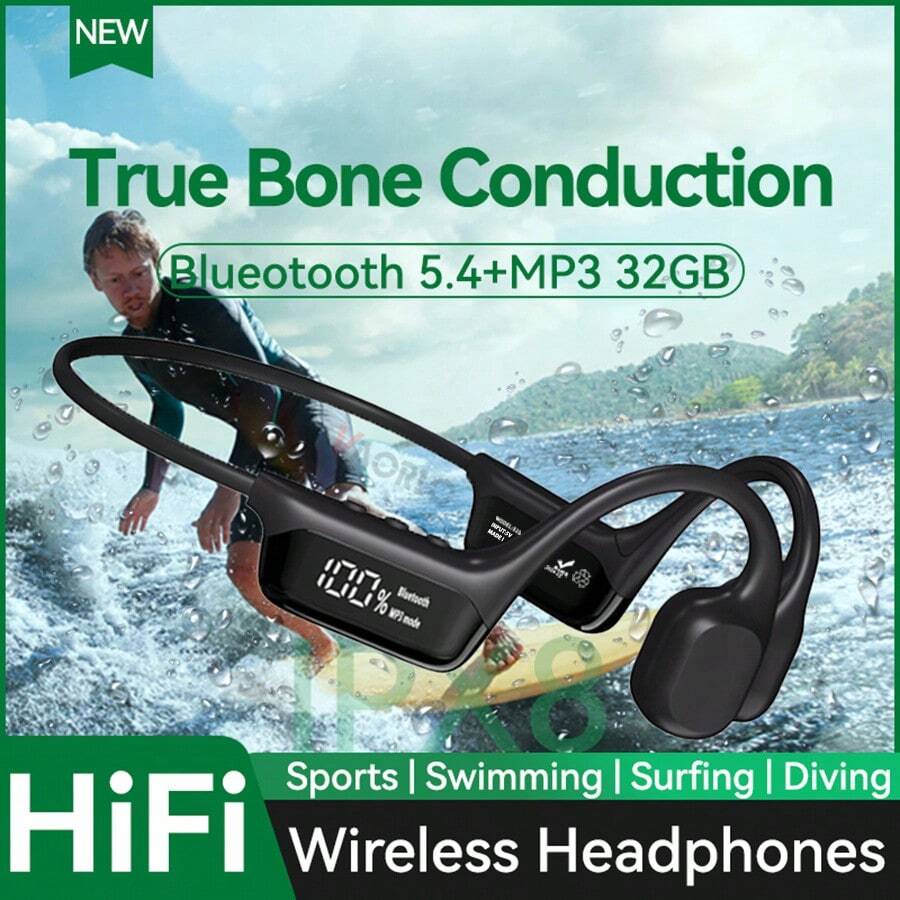 VAORLO 原裝真骨傳導無線耳機，藍牙5.4 32GB MP3播放器，IPX8防水游泳運動HIFI音樂耳機，帶麥克風LED顯示屏