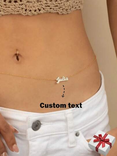 Customized Shiny Frosted Name Waist Chain For Women And Girls, Exquisite Unique Personalized BlingBling Name Waist Chain Stainless Steel Heart-Shaped Butterfly Letter Cuban Chain Nameplate Belly Button Chain Summer Bikini Beach Holiday Style Accessories, Anniversary Gift For Her, Creative Gift For Girlfriends, Christmas, Valentine's Day, Mother's Day, Thanksgiving, New Year Gift