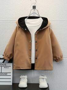 Reversible Hooded Windbreaker Jacket For Tween Boys, Casual Double-Sided Outerwear For 4-7 Years Old, Suitable For Outdoor Activities - Khaki - View 3