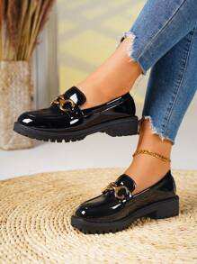 Spring New British Style Slip-On Loafers, Fashion Patent Leather Chunky Heel Soft Sole Comfort Flat Shoes For Women