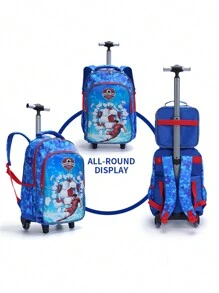 Set de 3 mochilas con ruedas para niños con diseño de fútbol de dibujos animados en color cian, mochila escolar primaria con bolsa de almuerzo y bolsa de lápices que brillan en la oscuridad - azul real - Ver 5