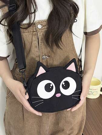 Cute Embroidered Cat Canvas Bag For Women, Coin Purse For Students, Casual Crossbody Phone Bag For Shopping
