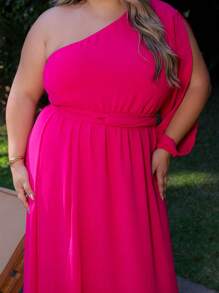 Women's Plus Size Long Dress With Single Sleeves And Slit And Delicate Belt - Rosa Fucsia - Ver 8