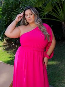 Women's Plus Size Long Dress With Single Sleeves And Slit And Delicate Belt - Rosa Fucsia - Ver 6